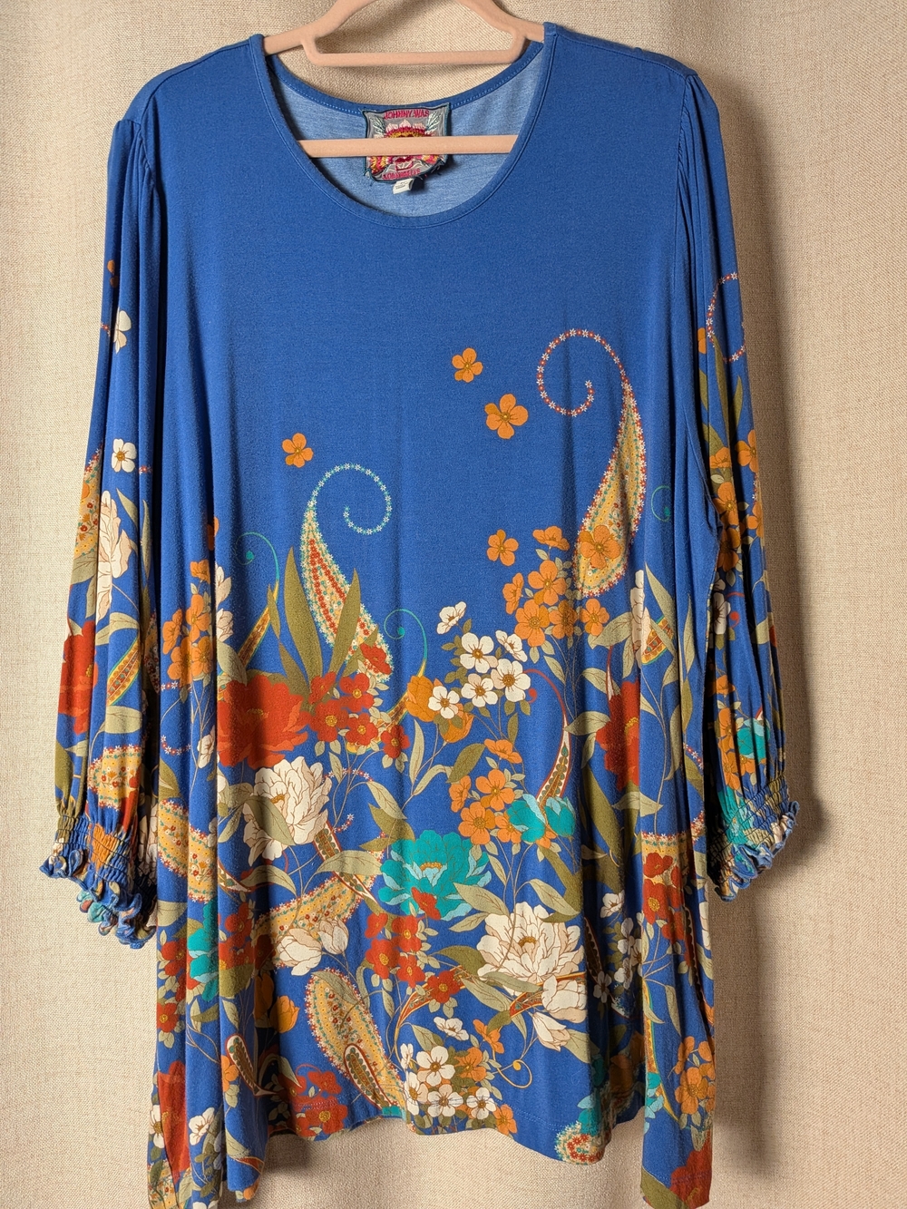 Johnny Was Floral Paisley Print Tunic Top 2X Blue Boho Stretch